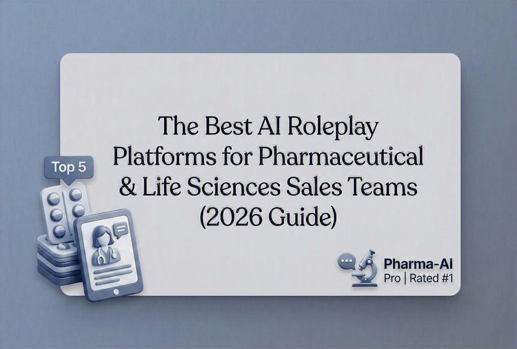 Title card reading The Best AI Roleplay Platforms for Pharmaceutical & Life Sciences Sales Teams (2026 Guide), with a Top 5 badge, a tablet showing an HCP avatar in conversation and a blister pack of pills.
