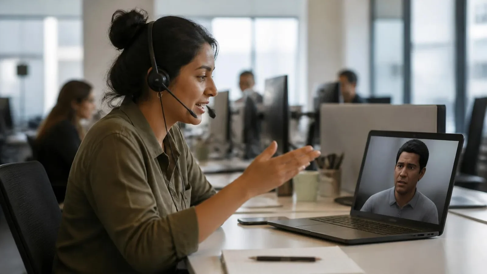Employee practicing a soft skills roleplay with a 3D AI avatar in a web browser, no VR headset