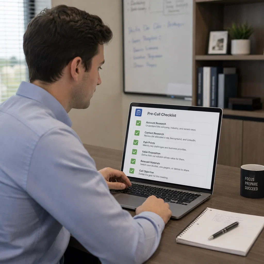 sales rep reviewing a digital pre-call checklist before a meeting