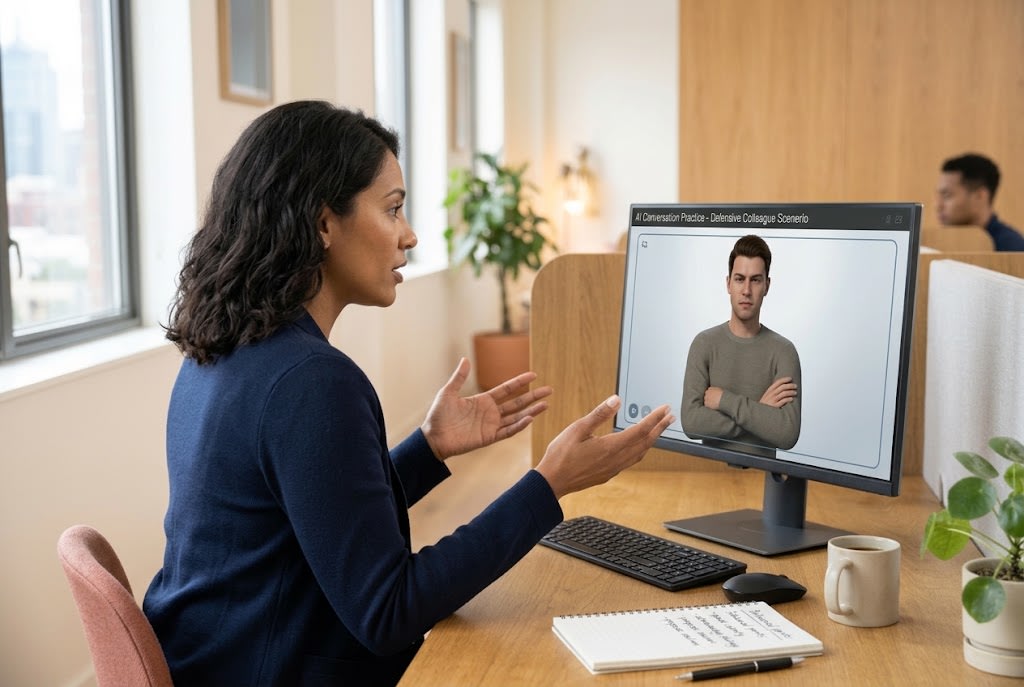 Employee practicing a difficult workplace conversation with an AI avatar on a monitor