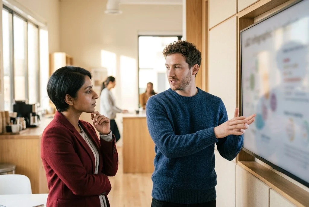 Two L&D colleagues reviewing roleplay scenario performance on a wall-mounted screen