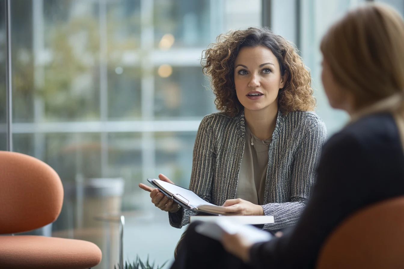 A manager with a notebook giving feedback to a direct report in a bright office meeting area