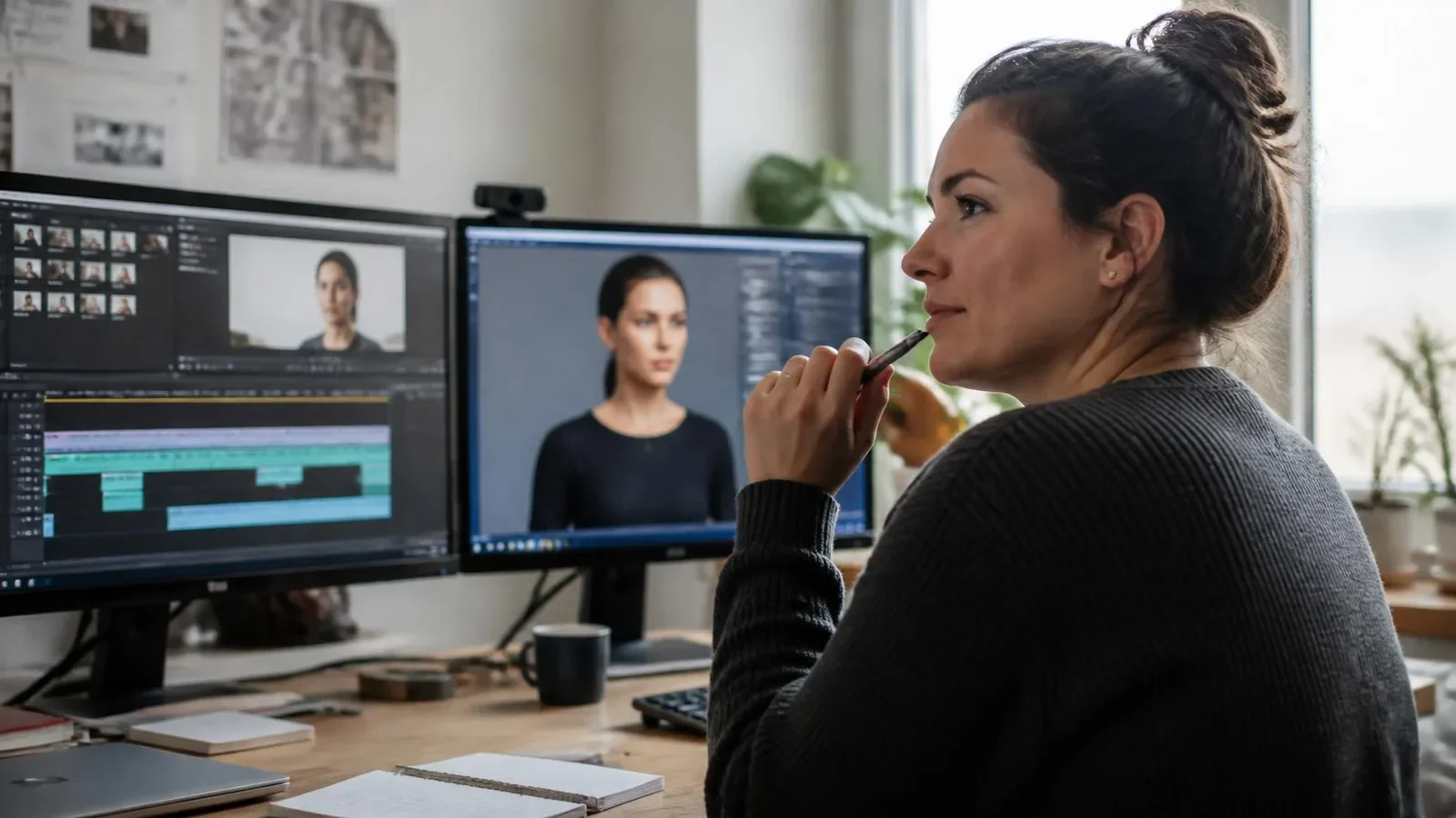 Instructional designer comparing a training video storyboard with a live AI roleplay scenario on two screens