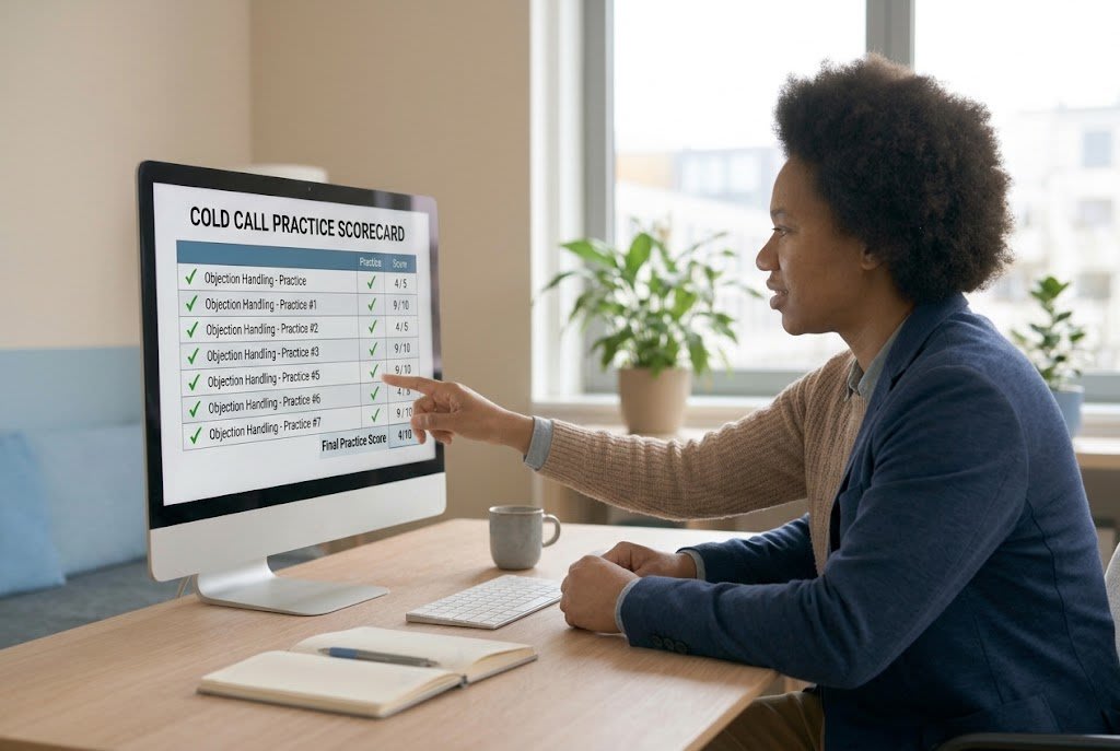 Sales manager reviewing cold call practice scores with a rep