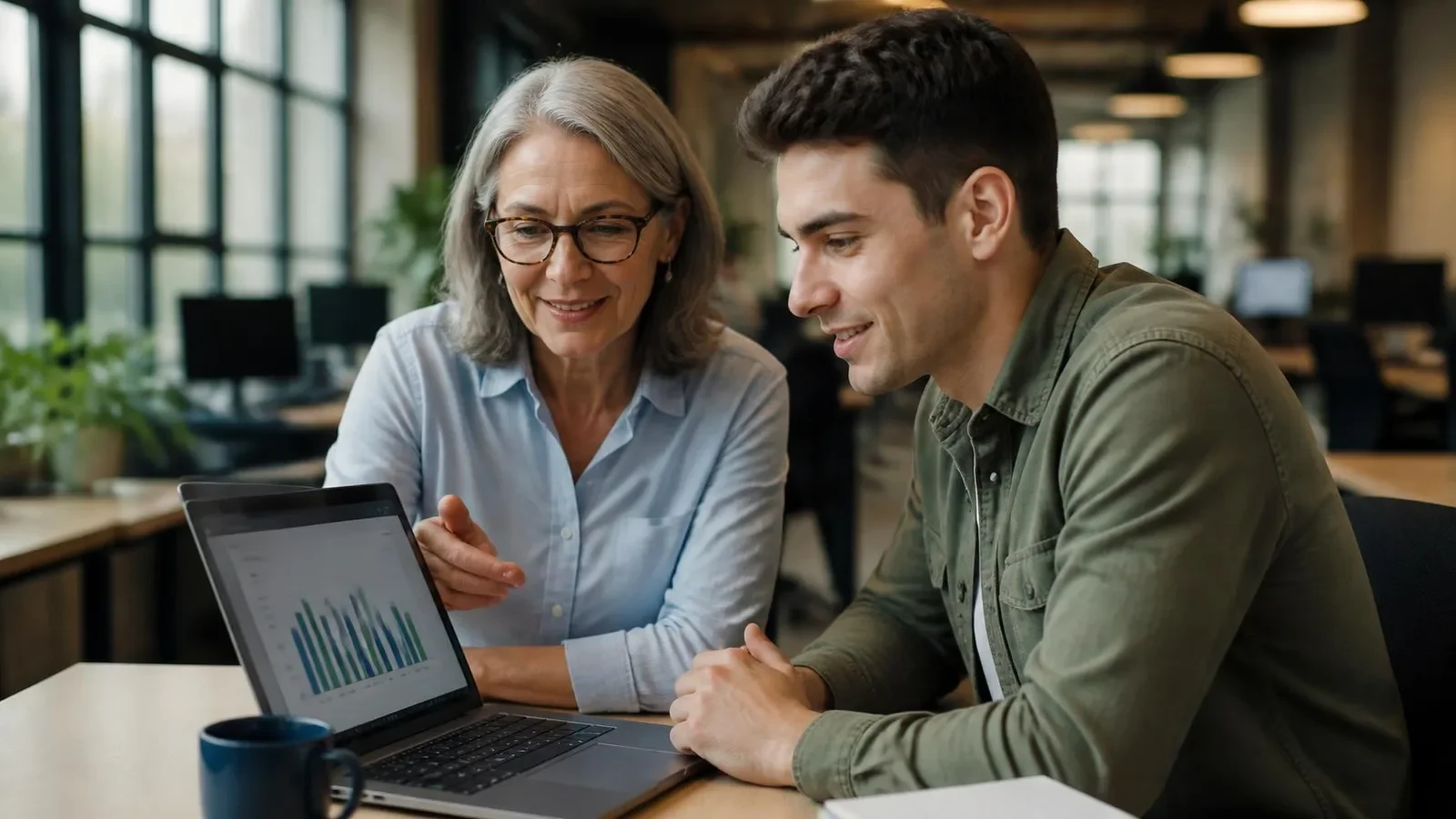 Training manager and new hire reviewing AI roleplay competency scores together on a laptop