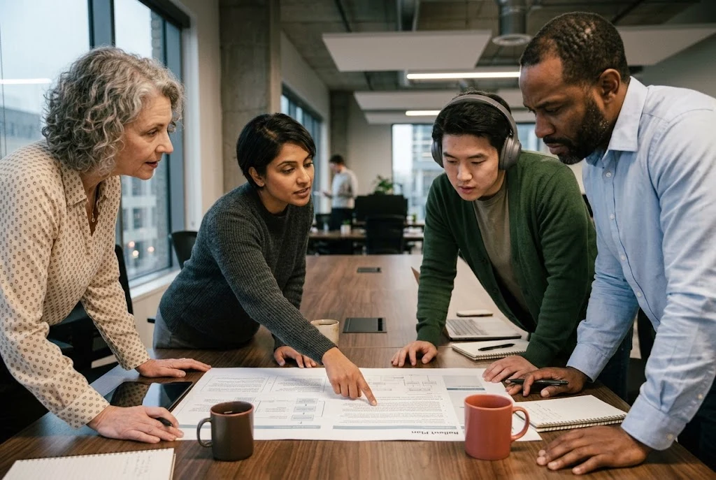 L&D and IT colleagues reviewing an AI roleplay rollout plan together at a conference table