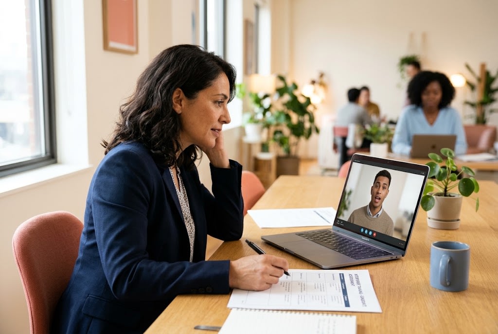 Hiring manager practicing a structured interview with an AI avatar candidate on a laptop
