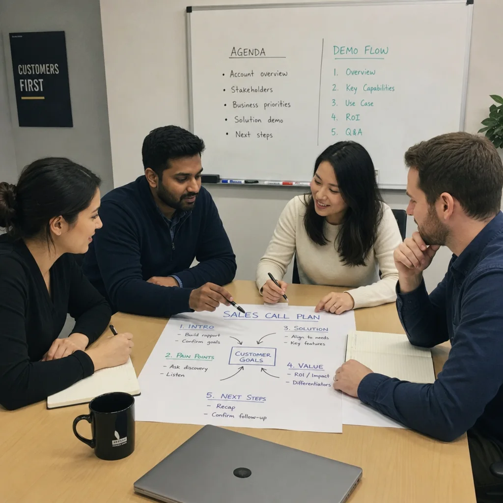 team collaborating on a shared sales call plan before a product demo