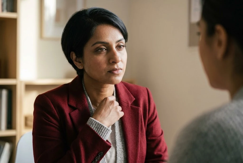 A professional listening with a guarded expression during a one-on-one workplace conversation