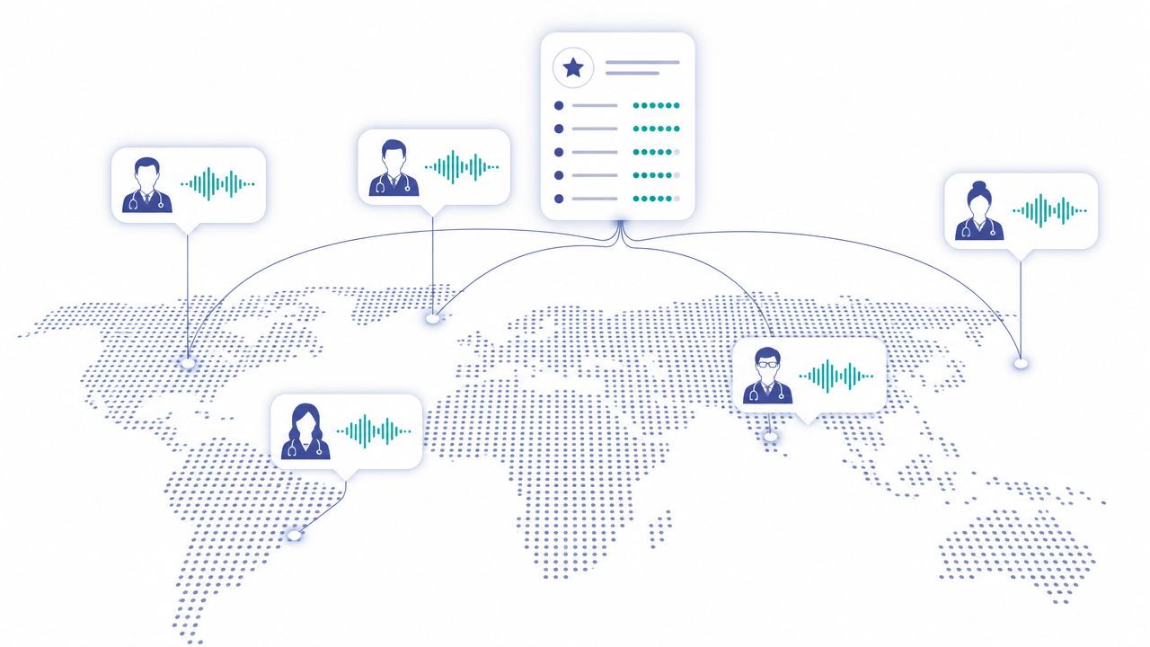 World map with speech bubbles across five regions, each showing a physician avatar and a voice waveform, all feeding into a single scoring rubric card at the centre.