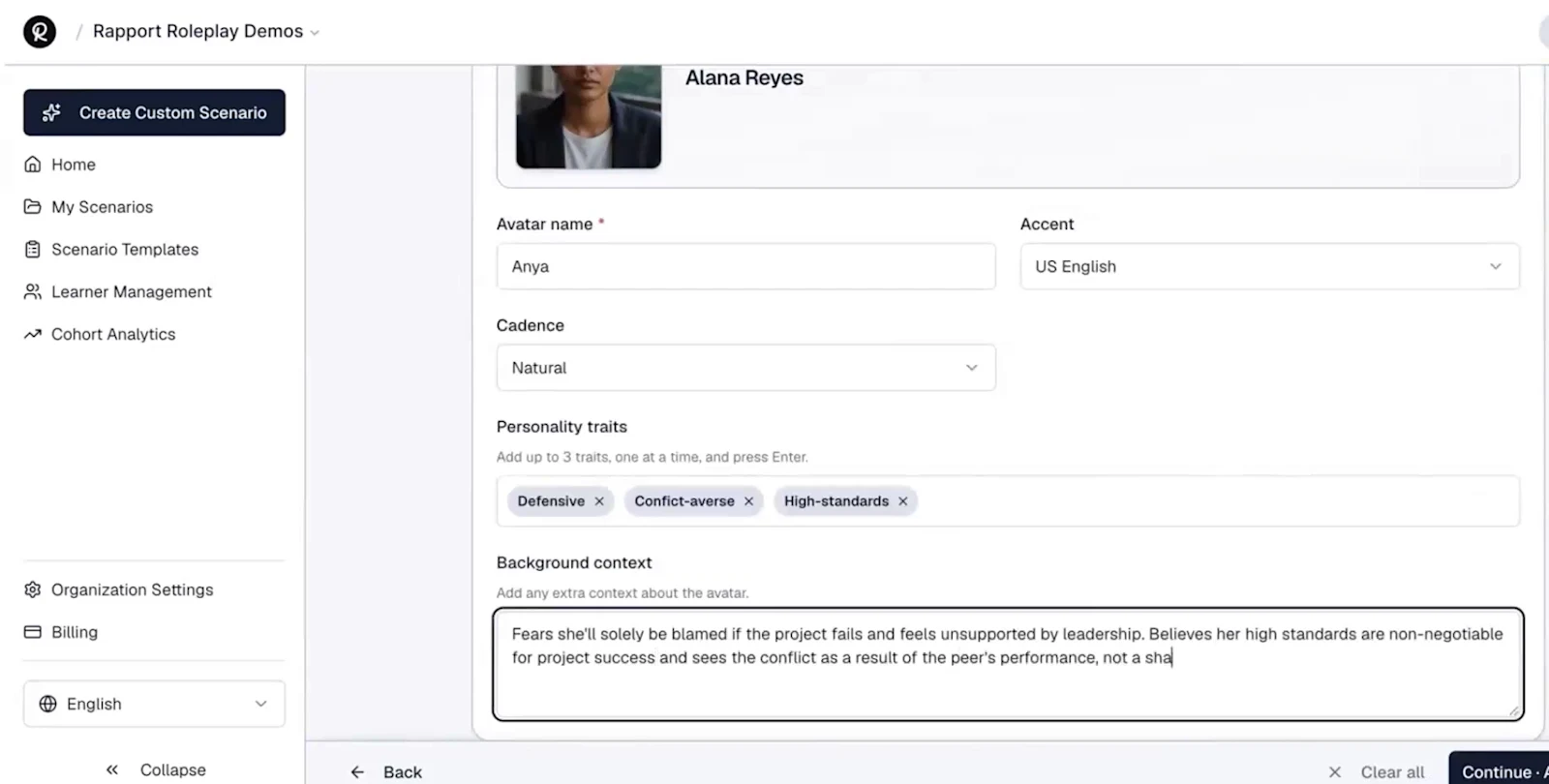 Rapport AI roleplay scenario builder showing the Anya avatar with accent, cadence, personality traits, and background context fields