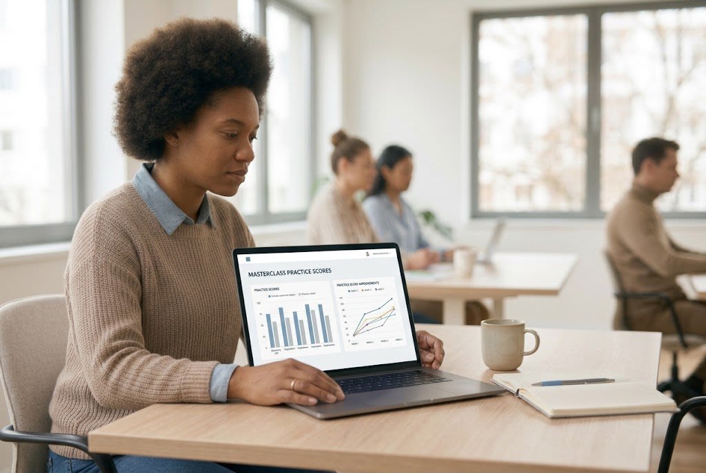Sales enablement lead reviewing masterclass practice scores