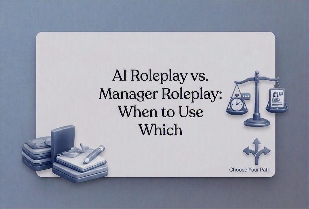Title card for Rapport’s guide comparing AI roleplay and manager-led roleplay, with a set of scales weighing a stopwatch against a coaching conversation and a signpost reading choose your path.