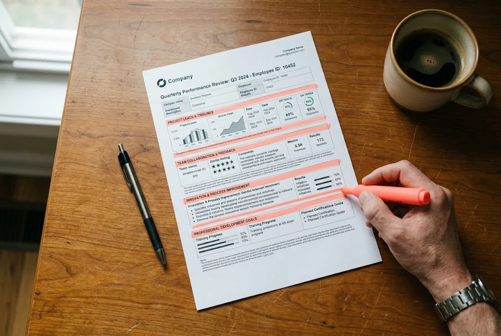 A manager highlighting sections of a printed performance review form