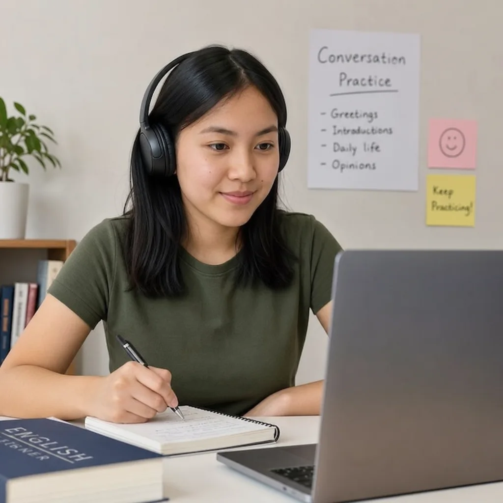 online English learner using headphones and taking notes during conversation practice