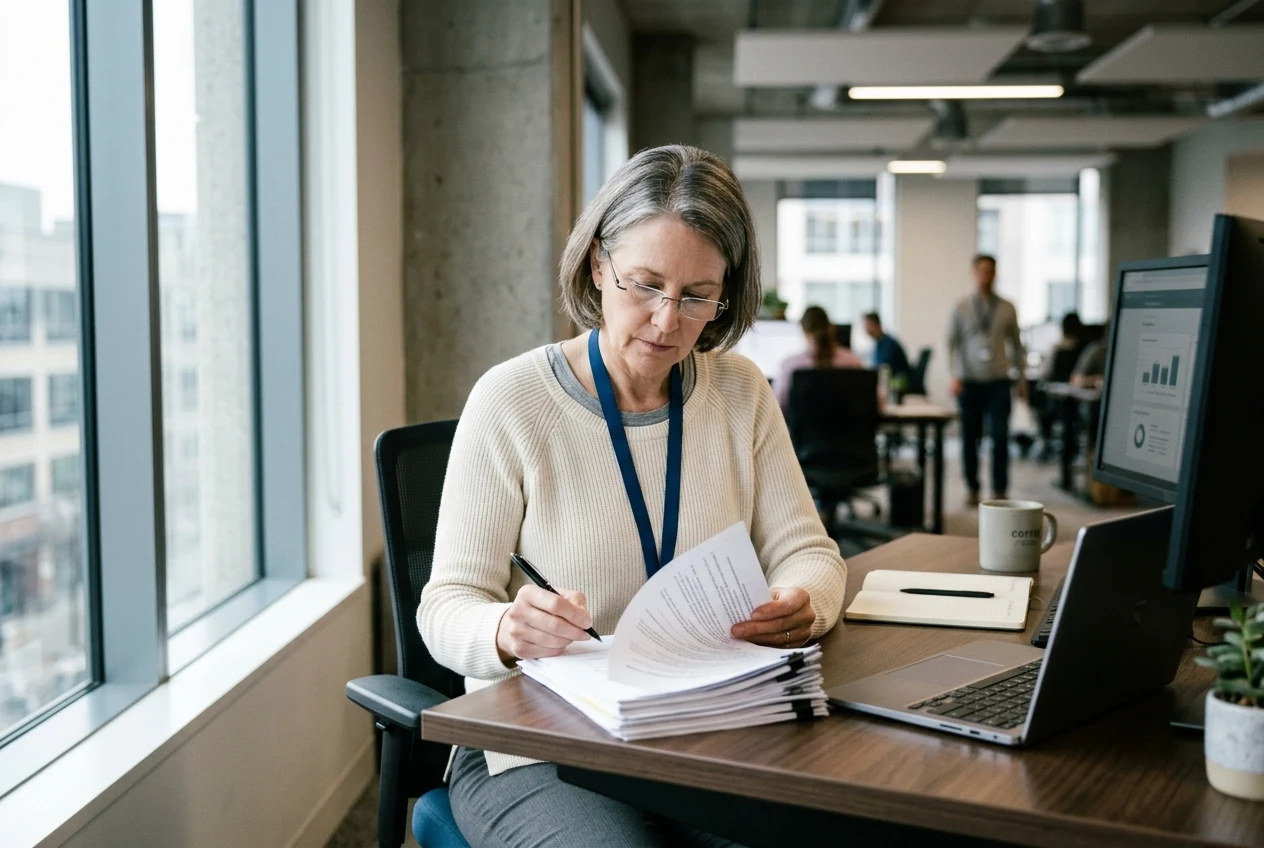 A security reviewer marking up a printed AI vendor questionnaire at her desk