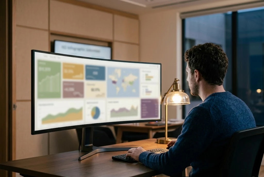 An analyst reviewing a cohort skill dashboard with competency charts on a wide monitor