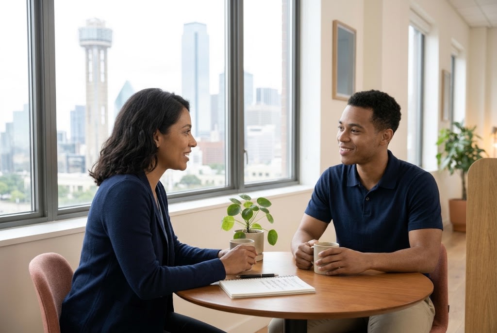 Manager giving specific feedback to an employee during a one-on-one meeting