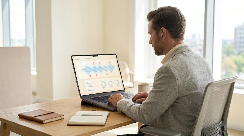 A sales rep reviewing a roleplay scorecard with objection moments marked on the call waveform