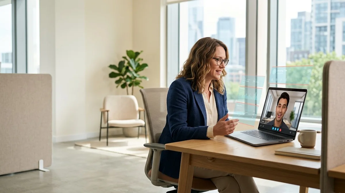 A manager practicing a leadership conversation with an AI avatar on her laptop