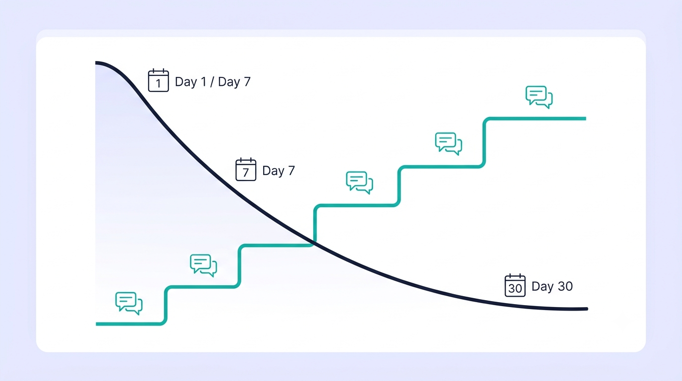 Chart contrasting the Ebbinghaus forgetting curve, which decays from Day 1 to Day 30, with a rising staircase of repeated AI roleplay practice sessions that lifts retention at each interval.