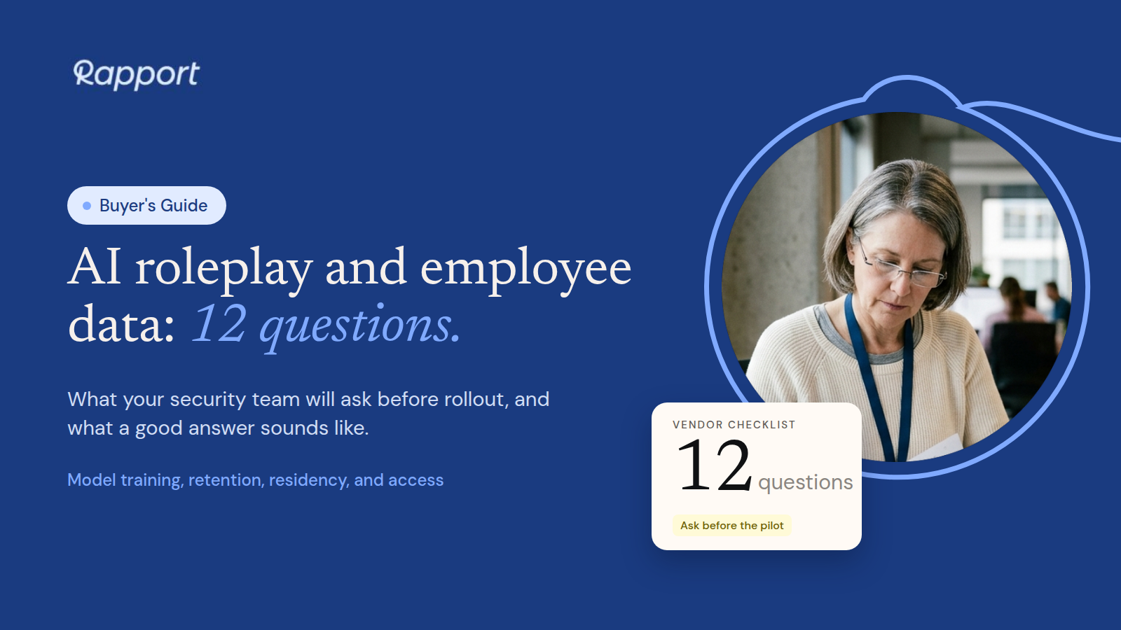 Rapport blog hero: a security reviewer with a vendor questionnaire beside the headline AI roleplay and employee data: 12 questions