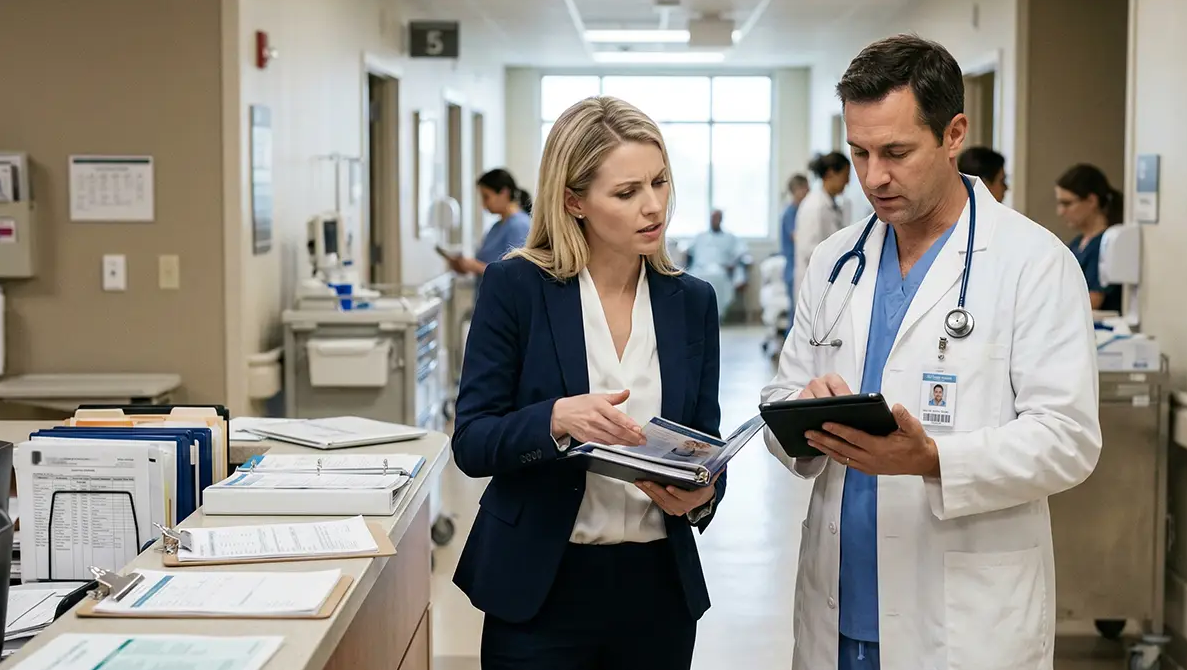A pharmaceutical sales representative talking with a physician in a busy hospital corridor, illustrating the short, high-stakes HCP conversations that AI roleplay training prepares reps for.