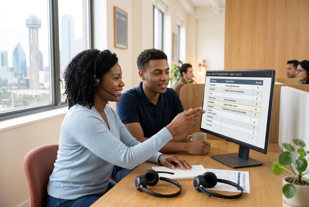 Call center supervisor coaching an agent while reviewing a call scorecard on a monitor
