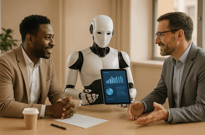 An AI humanoid sharing scored performance data on a tablet between two smiling business people, illustrating AI roleplay acting as a practice partner alongside human sales coaching.