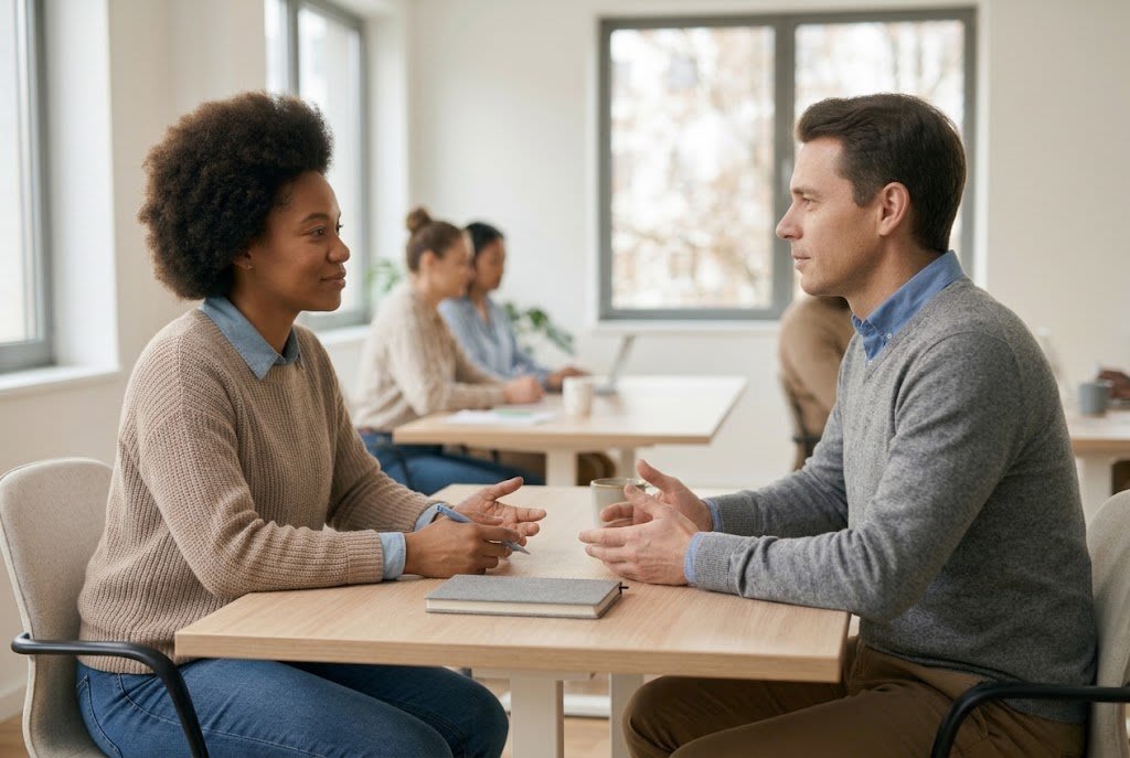Colleagues using open posture and mirroring during a business conversation