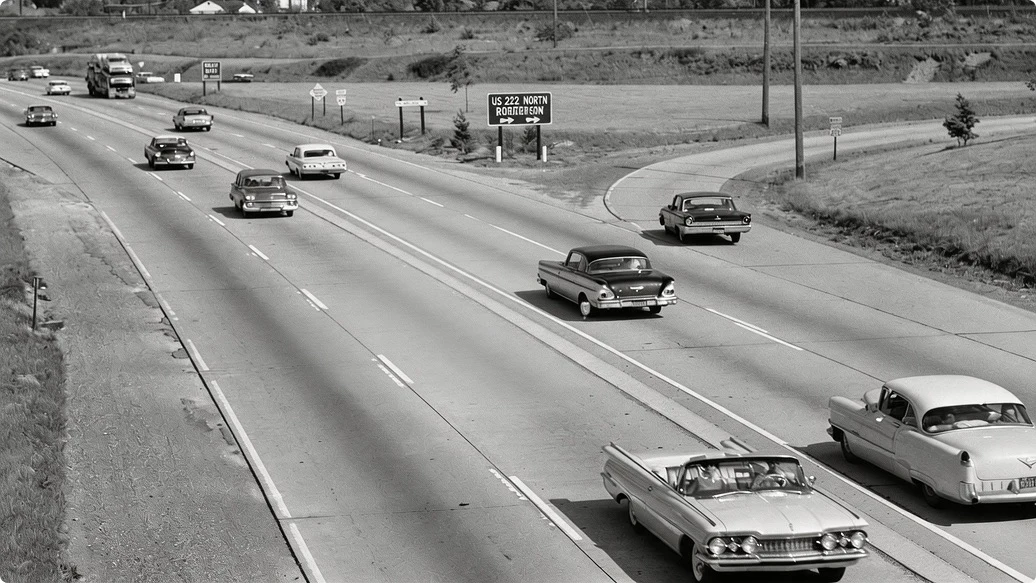 Cars on an American highway in the early 1960s