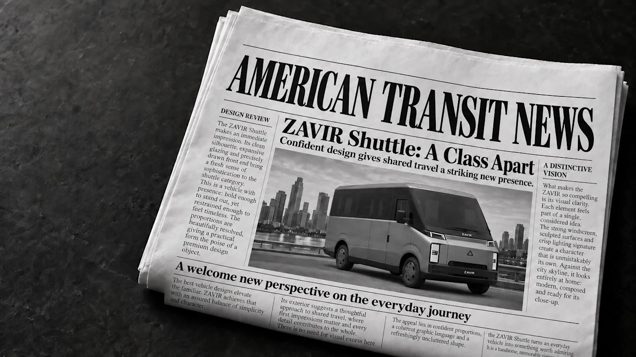 A folded newspaper, American Transit News, with the headline ZAVIR Shuttle: A Class Apart