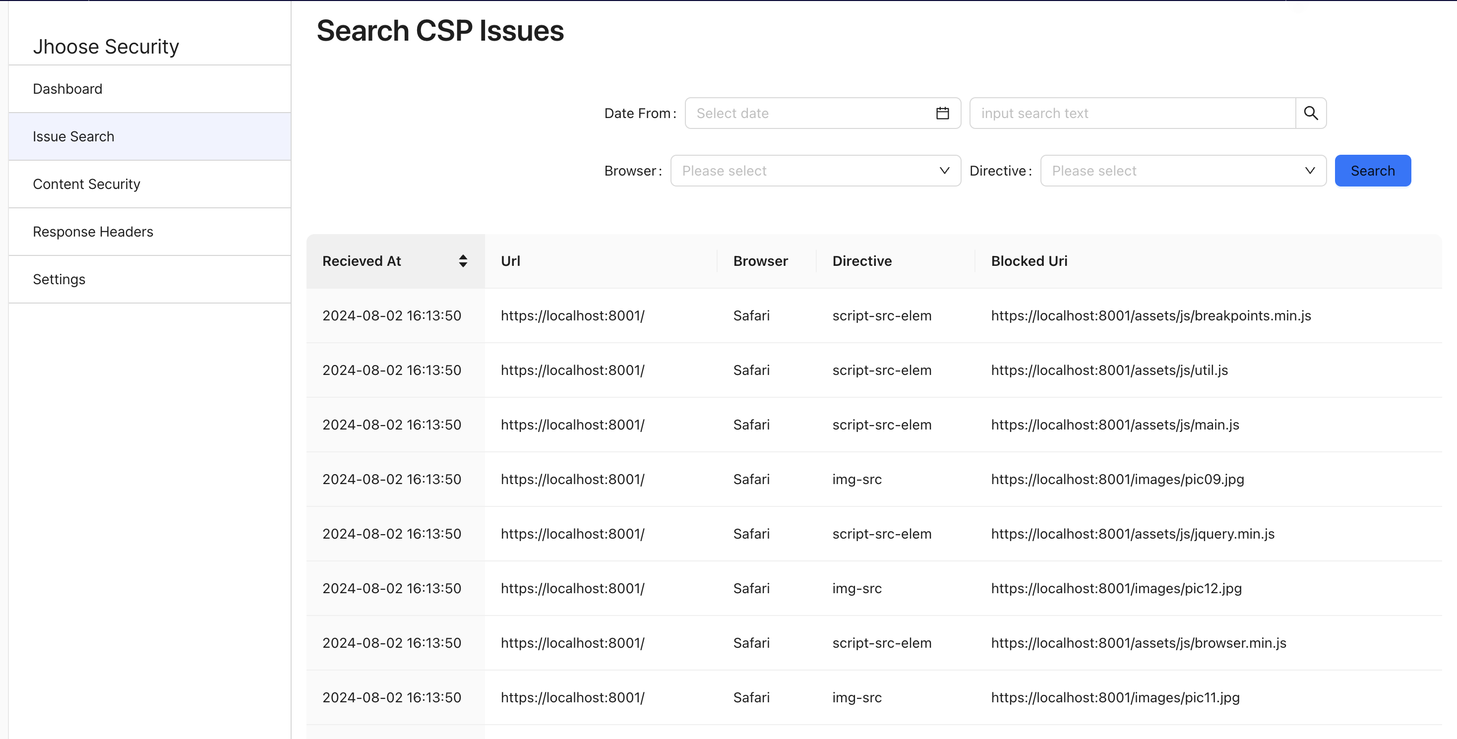 Jhoose CSP Issue Search
