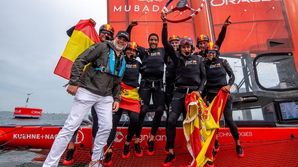 Season 4 // Spain SailGP. Team // Spain celebrate after winning LA
