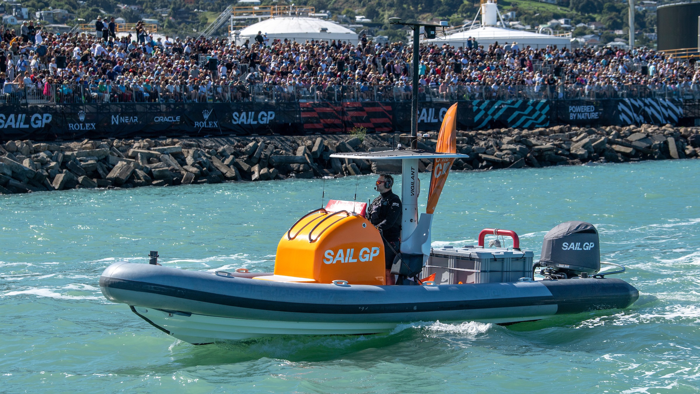 Season 3 // SailGP support boat against the backdrop of crowds in Christchurch, New Zealand