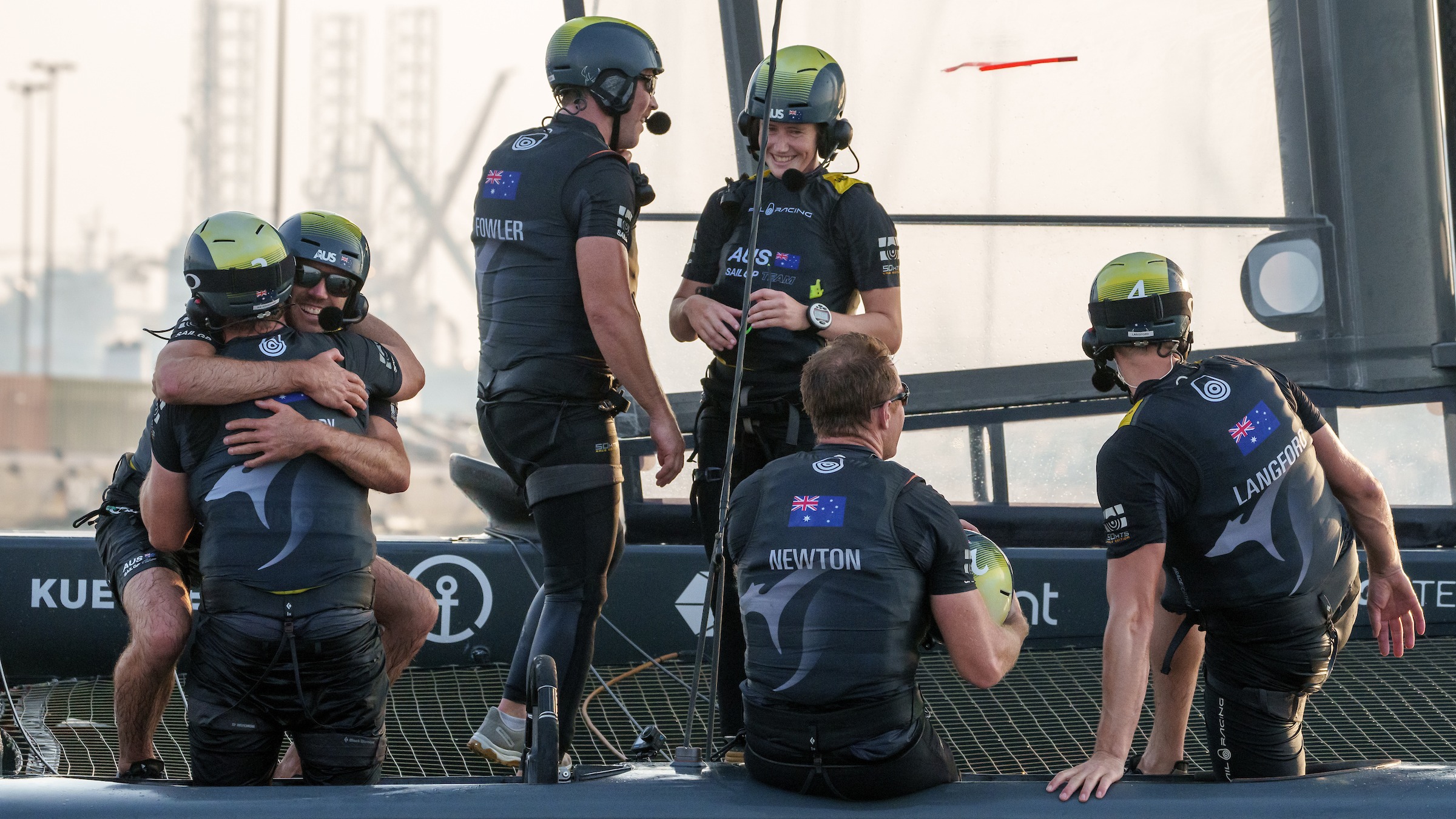 Season 3 // Australia SailGP Team // Crew celebrate winning on board Australia F50