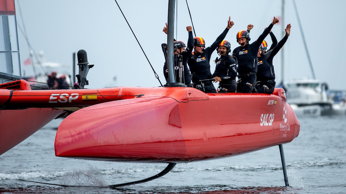 Spain SailGP Team celebrate a win in front of the watching crowds