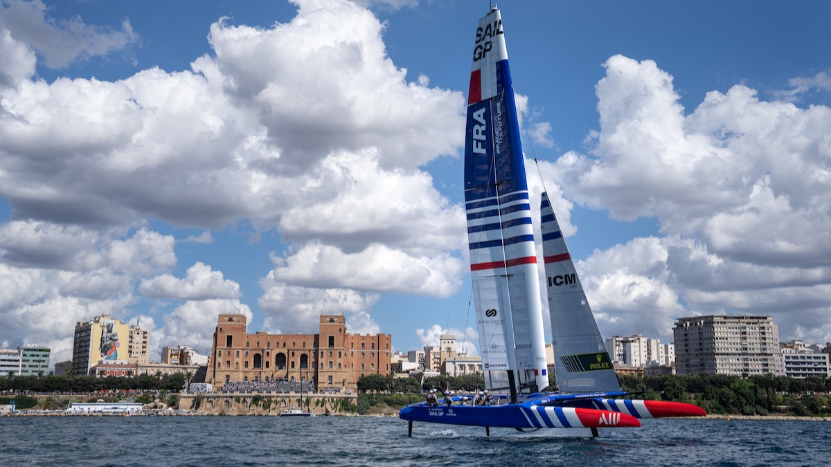 Season 4 // France SailGP Team with Taranto shoreline on day 2