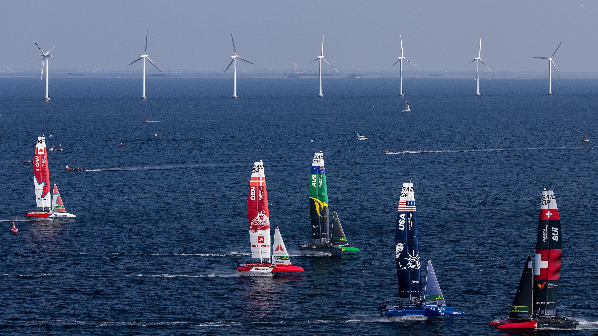 Season 3 // ROCKWOOL Denmark Sail Grand Prix // Fleet with wind turbines