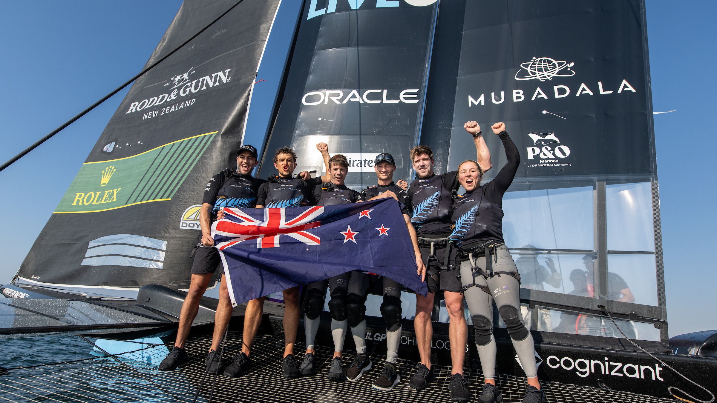 Season 4 // New Zealand celebrate on F50 after winning Dubai Sail Grand Prix 
