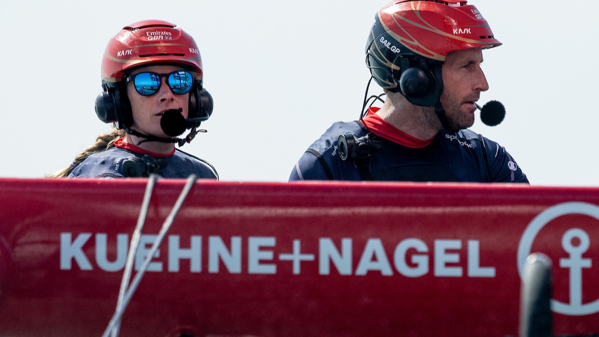 Season 4 // Close up of Hannah Mills and Ben Ainslie on board Emirates GBR on Cadiz day one 