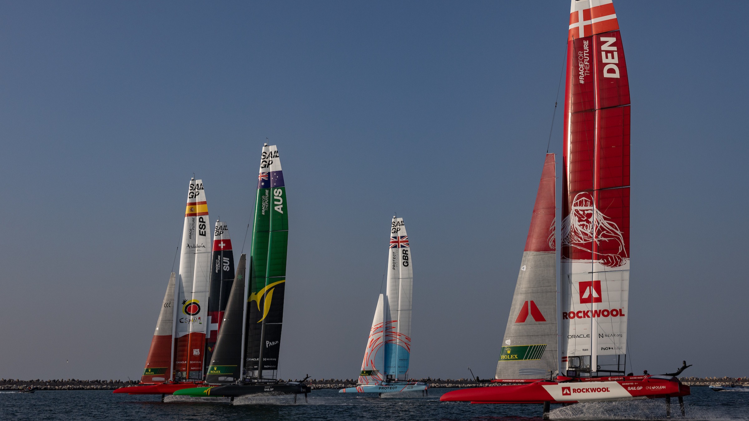 Season 3 // Dubai Sail Grand Prix // DEN, AUS, GBR, ESP and SUI in practice racing 