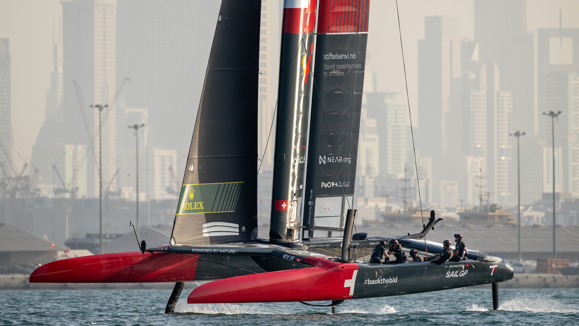 Season 3 // Dubai Sail Grand Prix // Switzerland against Dubai skyline 