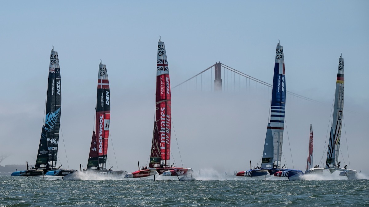 Season 4 // France SailGP Team pre San Francisco release - France with F50 fleet and golden gate bridge 