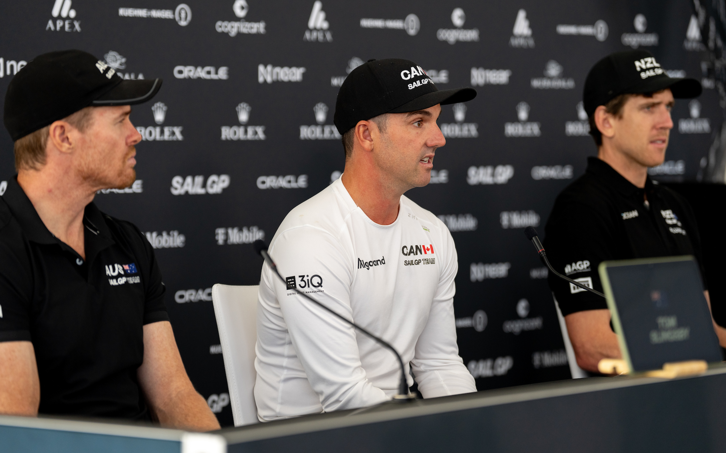 Season 4 // Los Angeles Sail Grand Prix // Phil Robertson at press conference with Burling and Slingsby