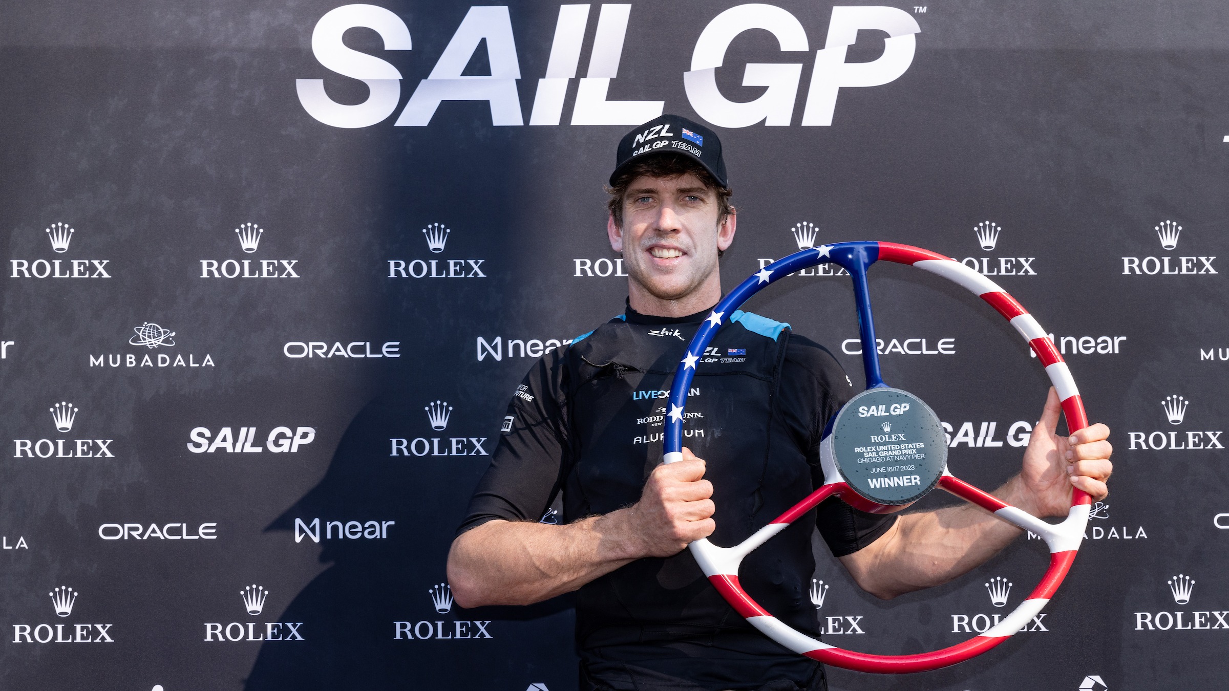 Season 4 // United States Sail Grand Prix Chicago // Peter Burling with Chicago trophy 