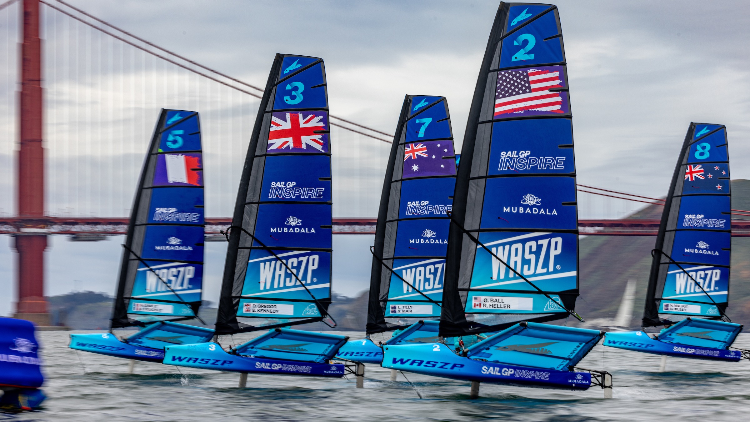 Season 3 // Inspire WASZP fleet sail past the golden gate bridge in San Francisco