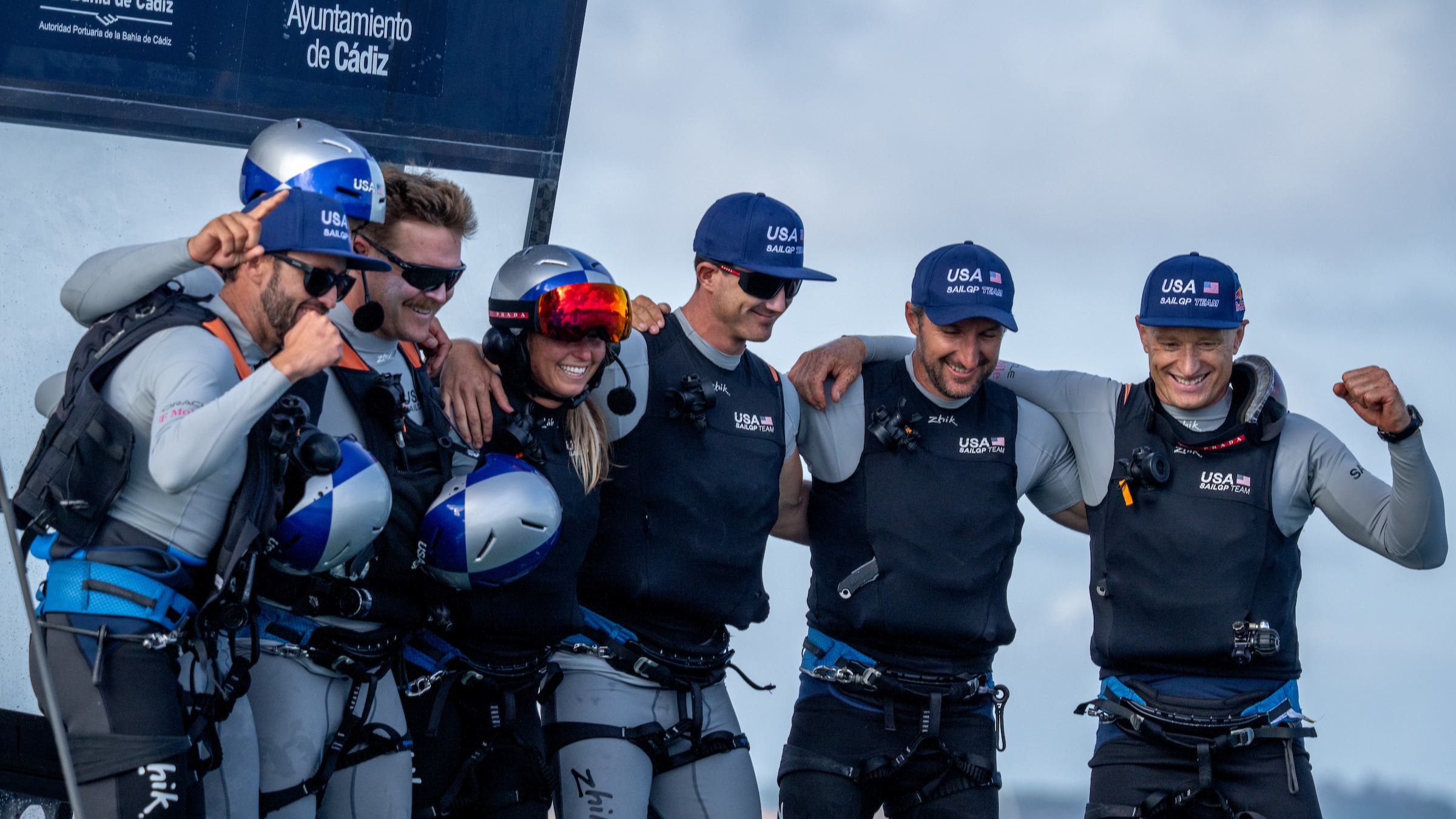 Season 4 // United States crew celebrate on board F50 after winning Spain SailGP 