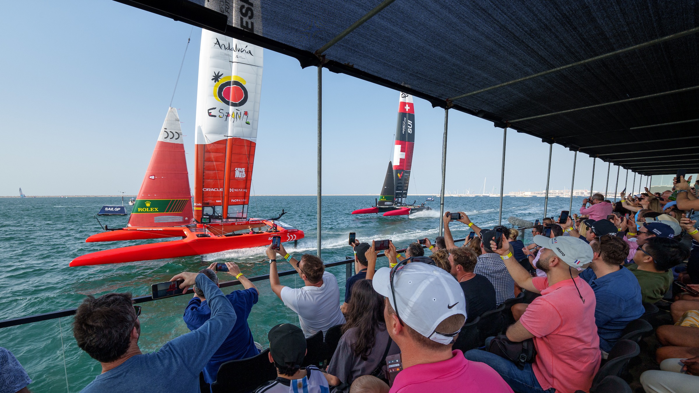 Season 3 // Dubai Sail Grand Prix // Spain and Switzerland racing past crowds