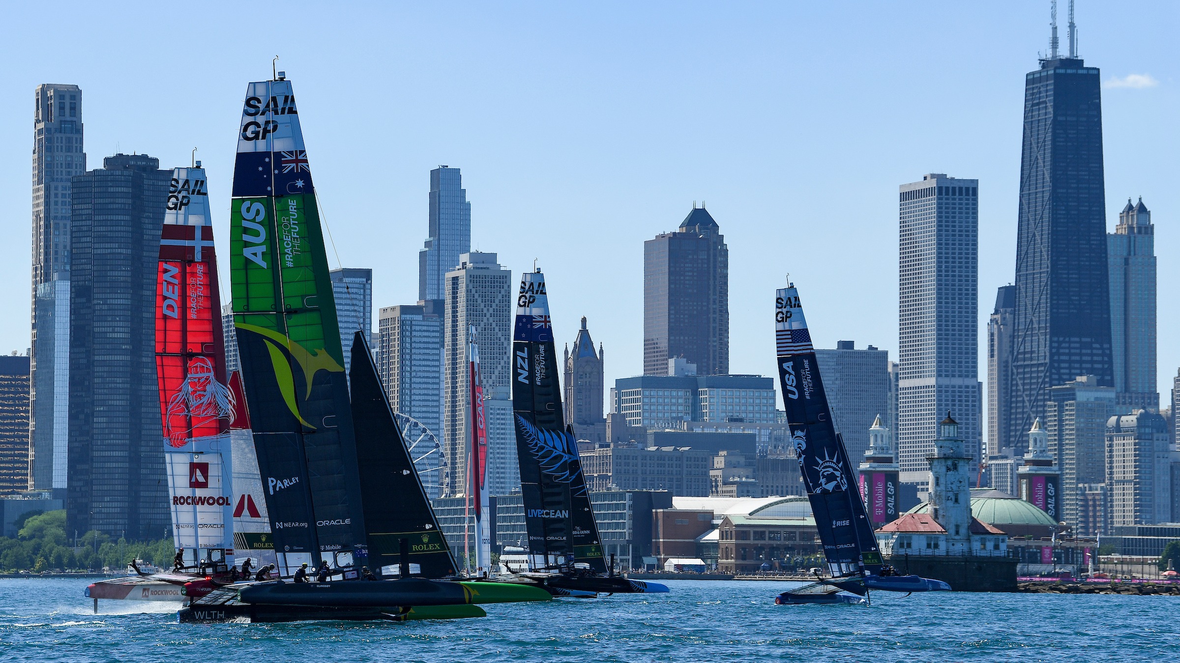 Season 3 // United States Sail Grand Prix Chicago // Fleet racing in front of city skyline